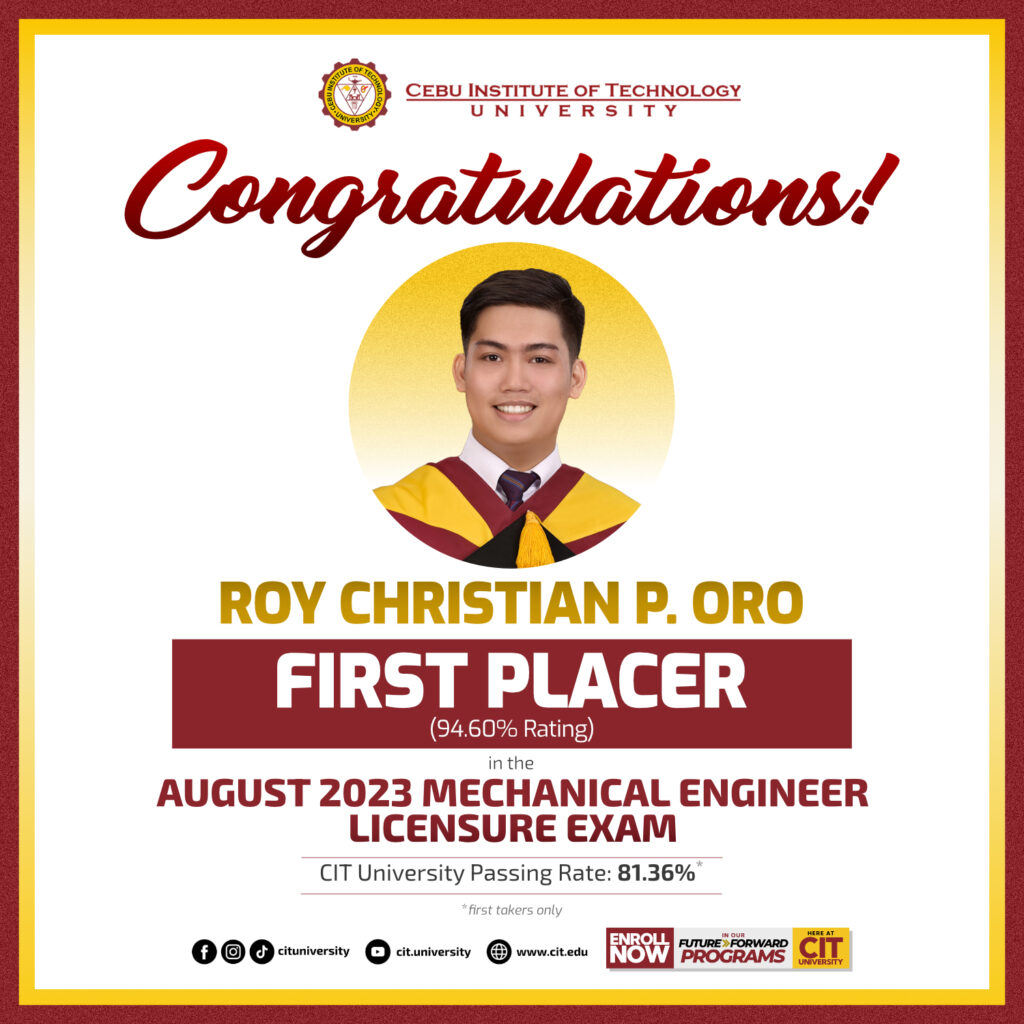 A set of text congratulating Engr. Roy Christian Oro for being the FIRST PLACER of the August 2023 Mechanical Engineer Licensure Exam.