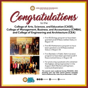 Poster of congratulations that greet three colleges of Cebu Institute of Technology - University.