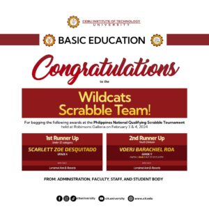 Team Wildcats continues to roar as we reach the top in CESAFI 2023 Scrabble competitions and other student-empowering activities this week.   Wildcats Team tops CESAFI 2023 Scrabble competition and baby Wildcats Scrabble Team at the Philippines National Qualifying Scrabble Tournament!
