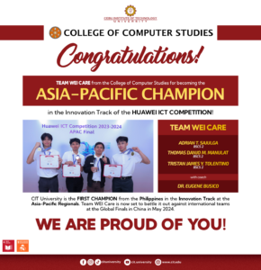 CIT University celebrates a historic victory as Team WEI Care, comprising BSCS students, emerges as National and Asia-Pacific Champions in the prestigious Huawei ICT Competition. Their triumph not only brings pride to the institution but also showcases Philippines’ prowess in innovation. Follow their journey to the Global Finals in China!